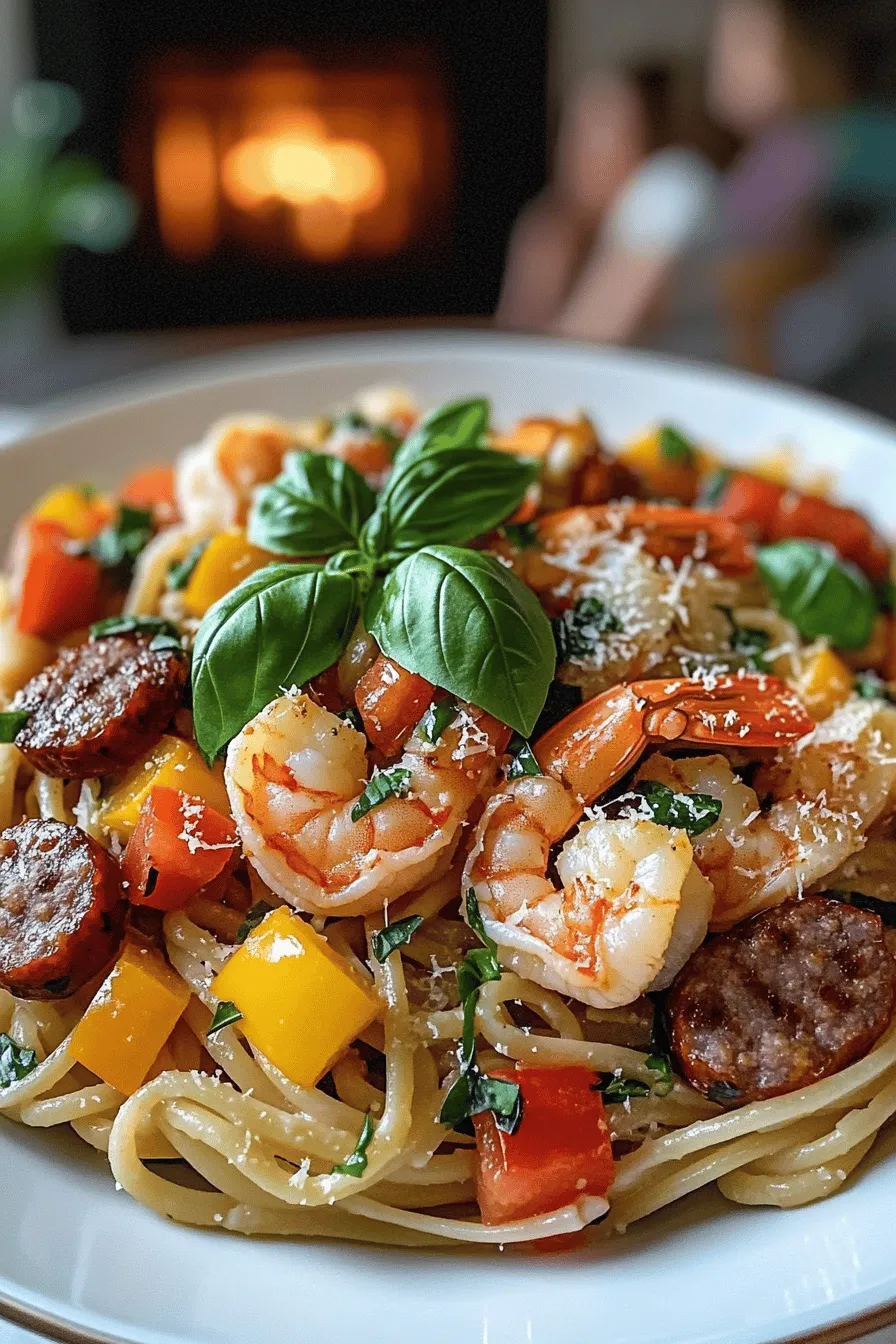 To make shrimp and sausage pasta, you need a few key ingredients. First, gather 8 ounces of linguine pasta. You will also need 1 pound of shrimp, peeled and deveined. For the sausage, use 8 ounces of smoked sausage, like andouille or kielbasa. Fresh vegetables add color and flavor. Get 1 bell pepper, diced, 1 small onion, finely chopped, and 3 cloves of garlic, minced. Don’t forget 1 can of diced tomatoes, Italian seasoning, and red pepper flakes for spice.