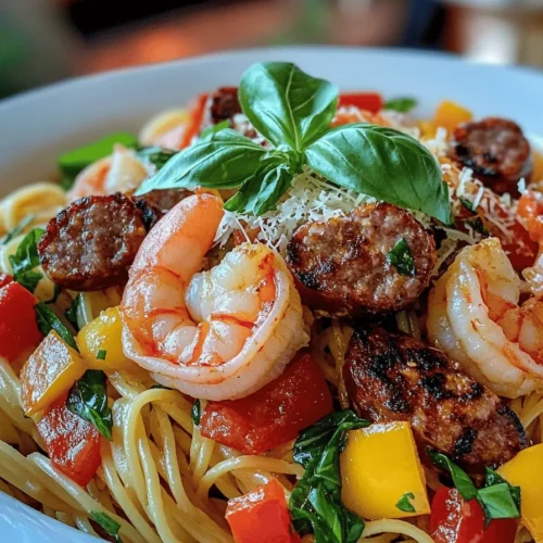 To make shrimp and sausage pasta, you need a few key ingredients. First, gather 8 ounces of linguine pasta. You will also need 1 pound of shrimp, peeled and deveined. For the sausage, use 8 ounces of smoked sausage, like andouille or kielbasa. Fresh vegetables add color and flavor. Get 1 bell pepper, diced, 1 small onion, finely chopped, and 3 cloves of garlic, minced. Don’t forget 1 can of diced tomatoes, Italian seasoning, and red pepper flakes for spice.