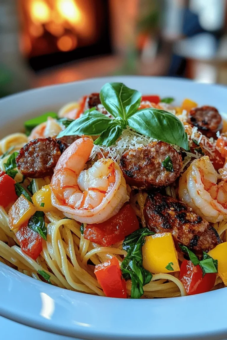 To make shrimp and sausage pasta, you need a few key ingredients. First, gather 8 ounces of linguine pasta. You will also need 1 pound of shrimp, peeled and deveined. For the sausage, use 8 ounces of smoked sausage, like andouille or kielbasa. Fresh vegetables add color and flavor. Get 1 bell pepper, diced, 1 small onion, finely chopped, and 3 cloves of garlic, minced. Don’t forget 1 can of diced tomatoes, Italian seasoning, and red pepper flakes for spice.