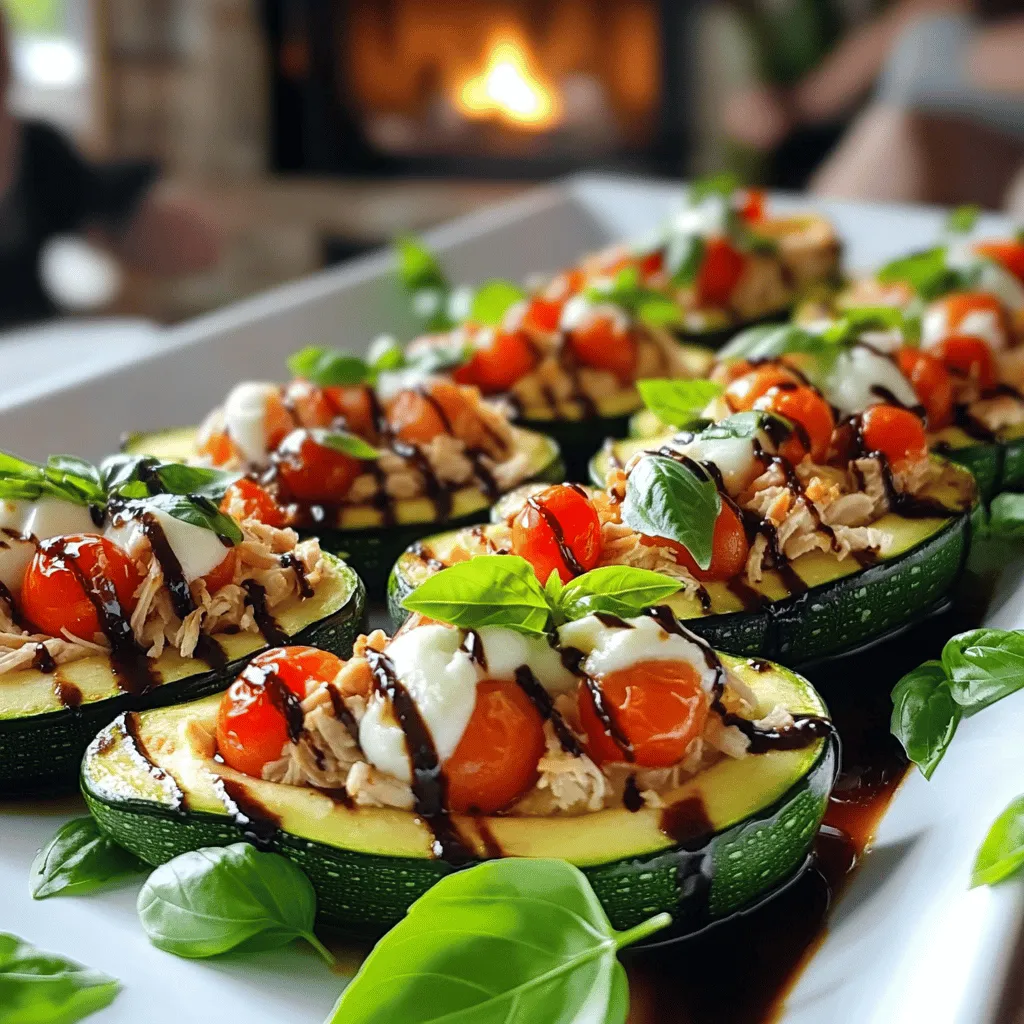 Healthy chicken bruschetta zucchini boats are a tasty twist on a classic dish. They use fresh zucchini as a base, filled with a mix of shredded chicken, tomatoes, basil, and cheese. This dish is fun to make and great for sharing.
