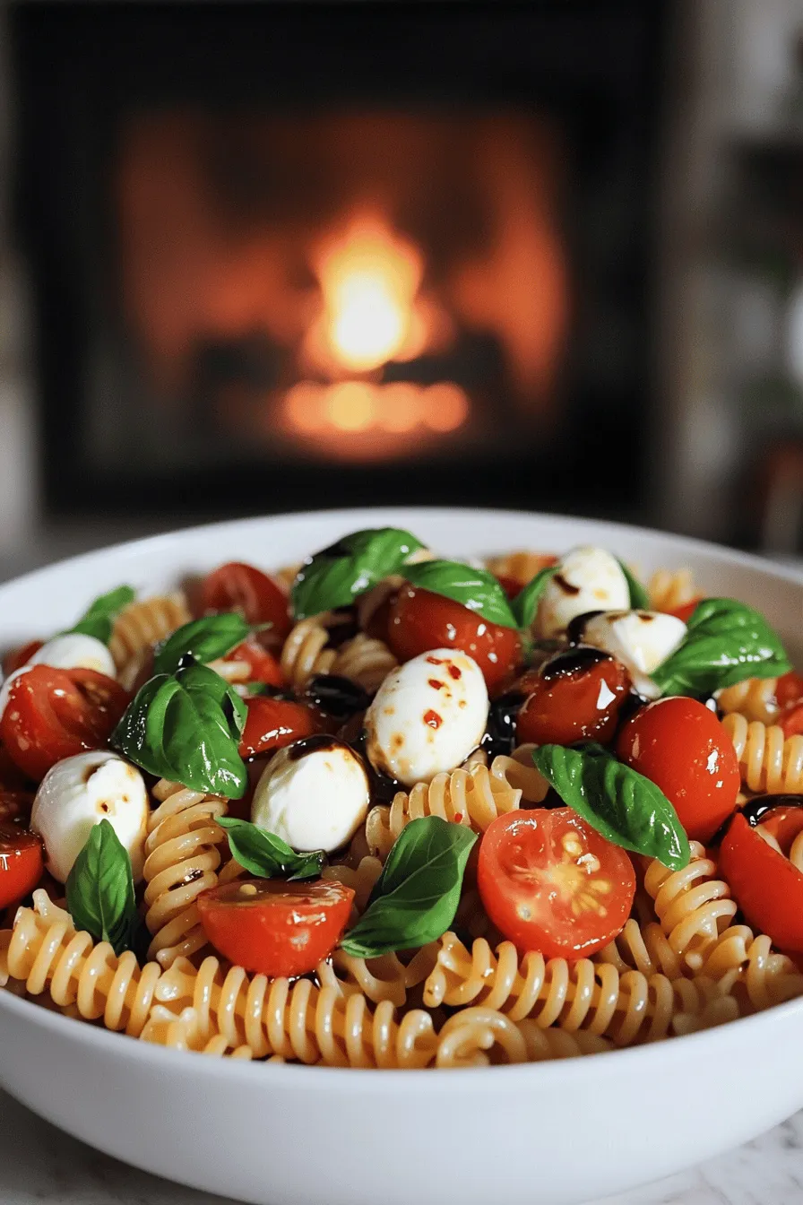 The key ingredients for caprese pasta salad are simple yet vibrant. You need fusilli pasta, cherry tomatoes, and fresh mozzarella. Each component adds a burst of flavor.