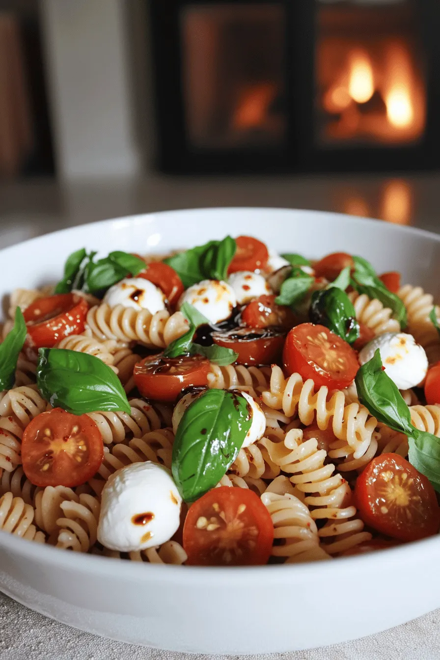 The key ingredients for caprese pasta salad are simple yet vibrant. You need fusilli pasta, cherry tomatoes, and fresh mozzarella. Each component adds a burst of flavor.