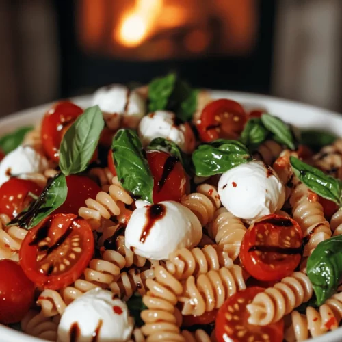 The key ingredients for caprese pasta salad are simple yet vibrant. You need fusilli pasta, cherry tomatoes, and fresh mozzarella. Each component adds a burst of flavor.