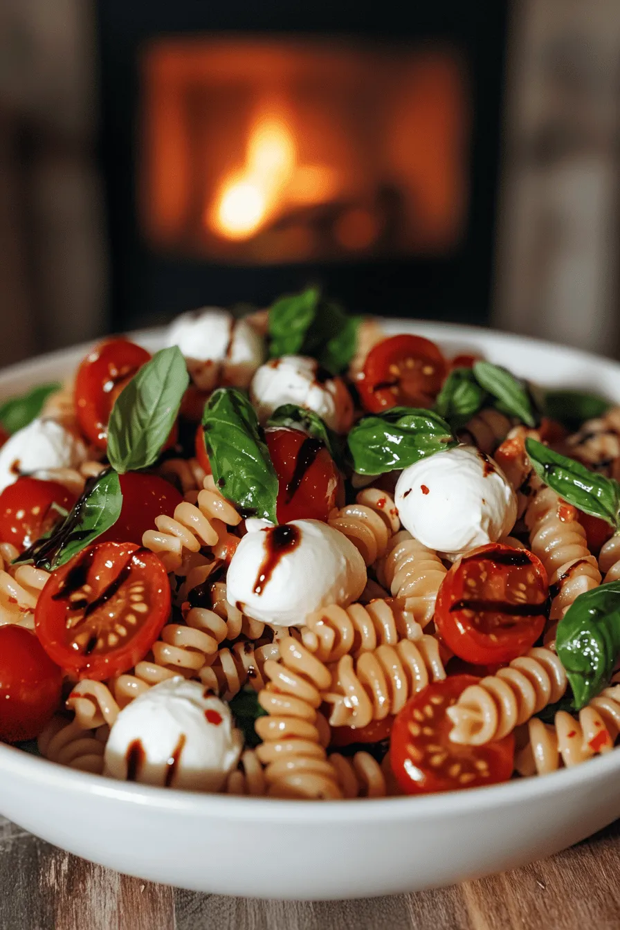 The key ingredients for caprese pasta salad are simple yet vibrant. You need fusilli pasta, cherry tomatoes, and fresh mozzarella. Each component adds a burst of flavor.