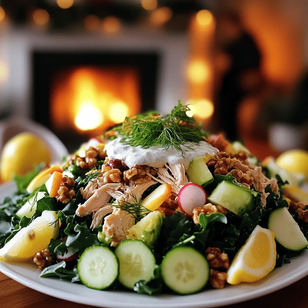 In the Nordic-inspired chicken salad, fresh and simple ingredients shine. The main star is the chicken. Use cooked chicken breast that is shredded. This provides a solid base for the salad. You can mix it with a creamy dressing made from Greek yogurt, Dijon mustard, and honey. This dressing gives the salad a rich and tangy flavor.