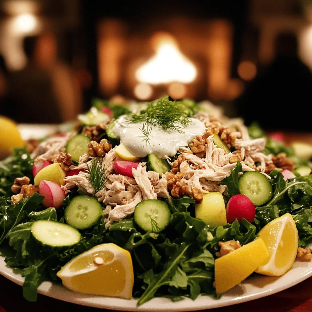 In the Nordic-inspired chicken salad, fresh and simple ingredients shine. The main star is the chicken. Use cooked chicken breast that is shredded. This provides a solid base for the salad. You can mix it with a creamy dressing made from Greek yogurt, Dijon mustard, and honey. This dressing gives the salad a rich and tangy flavor.