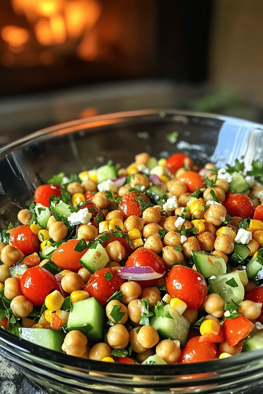 The Chickpea Fiesta Salad is fresh and fun. You need two cans of chickpeas, rinsed and drained. Add one cup of cherry tomatoes, halved. Next, chop one cucumber and half a red onion. Dice one red bell pepper and add one cup of corn. Finally, toss in a quarter cup of chopped parsley.