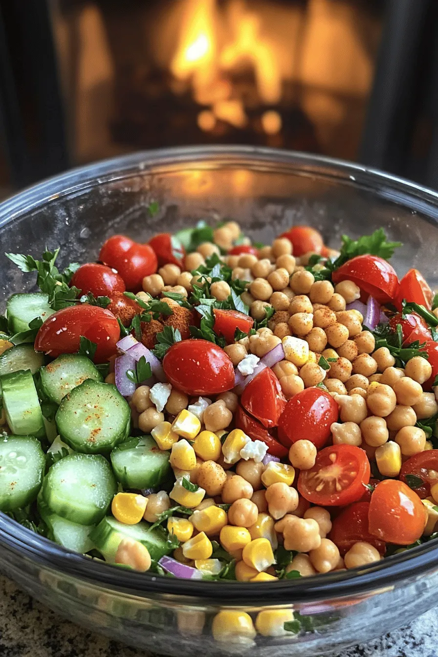 The Chickpea Fiesta Salad is fresh and fun. You need two cans of chickpeas, rinsed and drained. Add one cup of cherry tomatoes, halved. Next, chop one cucumber and half a red onion. Dice one red bell pepper and add one cup of corn. Finally, toss in a quarter cup of chopped parsley.