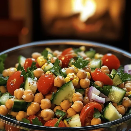 The Chickpea Fiesta Salad is fresh and fun. You need two cans of chickpeas, rinsed and drained. Add one cup of cherry tomatoes, halved. Next, chop one cucumber and half a red onion. Dice one red bell pepper and add one cup of corn. Finally, toss in a quarter cup of chopped parsley.