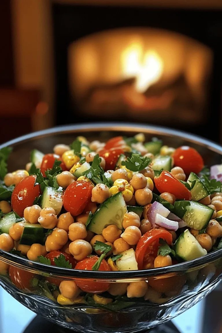 The Chickpea Fiesta Salad is fresh and fun. You need two cans of chickpeas, rinsed and drained. Add one cup of cherry tomatoes, halved. Next, chop one cucumber and half a red onion. Dice one red bell pepper and add one cup of corn. Finally, toss in a quarter cup of chopped parsley.