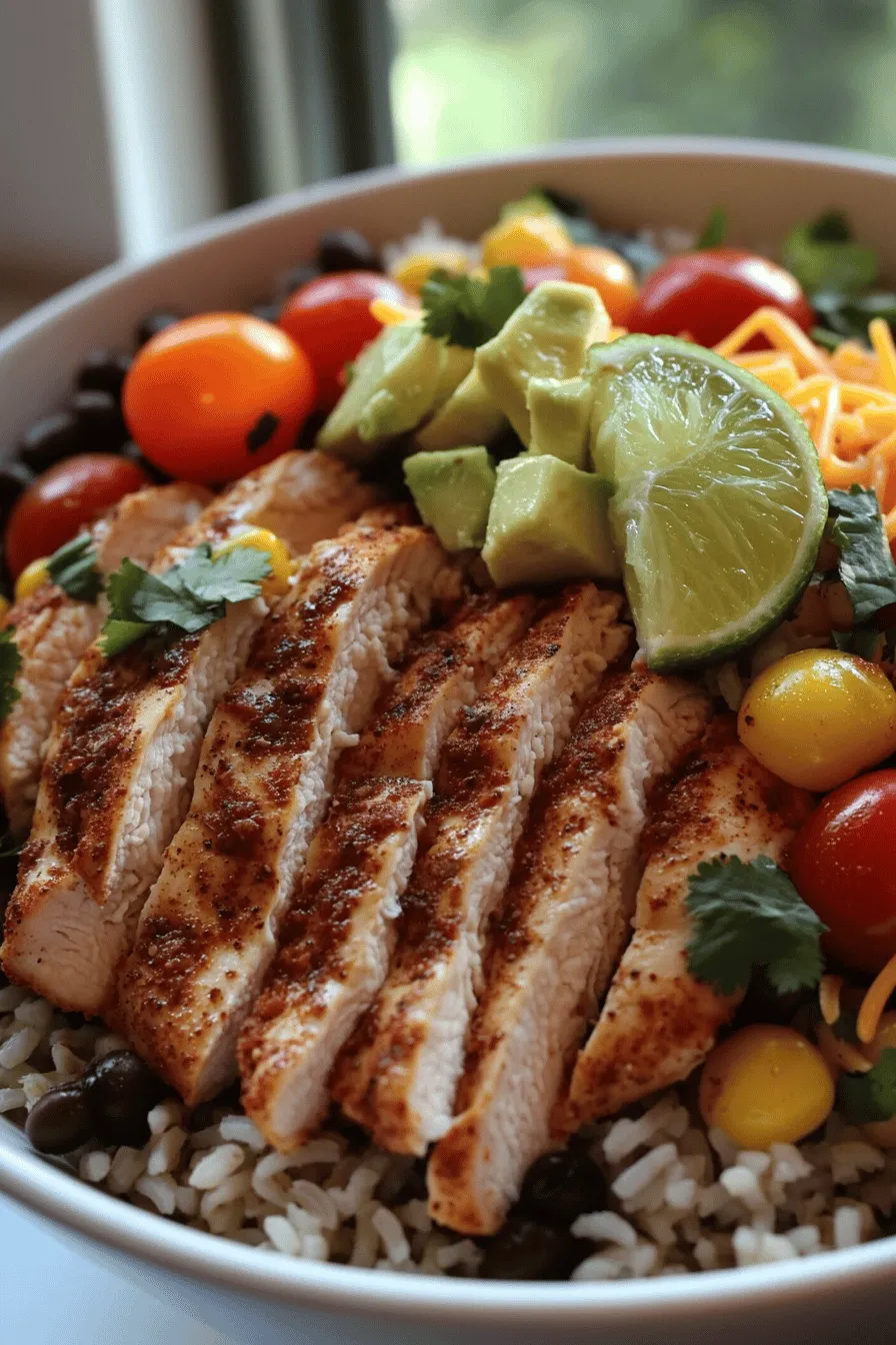 To make a tasty chicken burrito bowl, you need a few key burrito bowl ingredients. Start with two boneless, skinless chicken breasts. They are the main protein and will provide great flavor. You’ll also need olive oil, chili powder, cumin, garlic powder, and onion powder. These spices will make your chicken burst with taste.