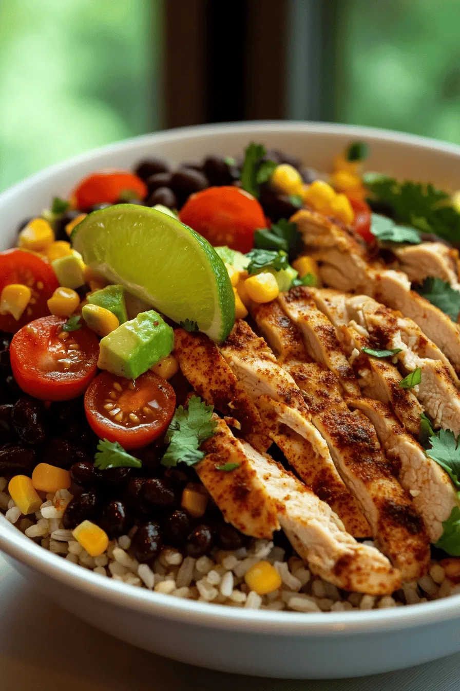 To make a tasty chicken burrito bowl, you need a few key burrito bowl ingredients. Start with two boneless, skinless chicken breasts. They are the main protein and will provide great flavor. You’ll also need olive oil, chili powder, cumin, garlic powder, and onion powder. These spices will make your chicken burst with taste.