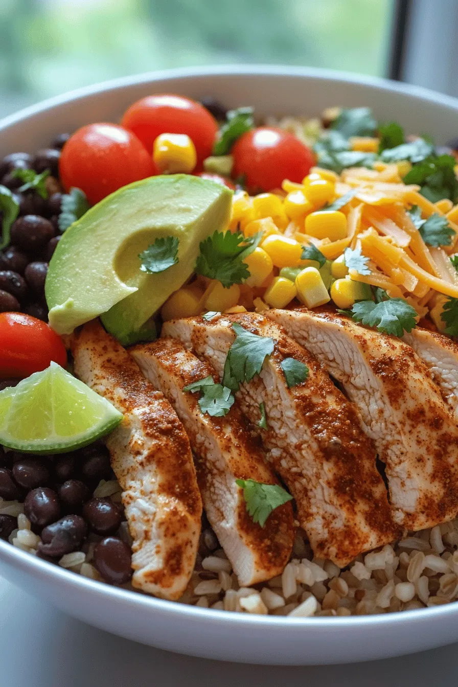 To make a tasty chicken burrito bowl, you need a few key burrito bowl ingredients. Start with two boneless, skinless chicken breasts. They are the main protein and will provide great flavor. You’ll also need olive oil, chili powder, cumin, garlic powder, and onion powder. These spices will make your chicken burst with taste.