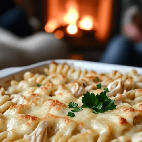 To make the best baked chicken Alfredo, start with the right ingredients. You need cooked rotini pasta, cooked shredded chicken, and Alfredo sauce. You can use homemade or store-bought sauce. Mozzarella and Parmesan cheese add creaminess and flavor. Garlic powder, black pepper, and optional red pepper flakes give a nice kick. Fresh parsley adds a vibrant touch.