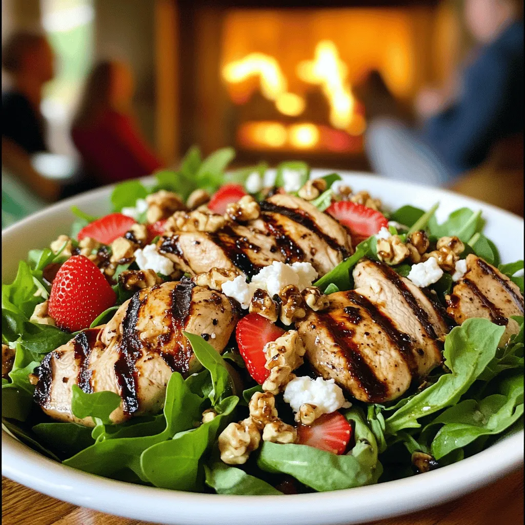 For a tasty balsamic grilled chicken salad, gather these key ingredients. You need two boneless, skinless chicken breasts. Fresh strawberries add sweetness and color. I recommend one cup of strawberries, hulled and sliced. Mixed greens like arugula, spinach, and romaine make a great base. Aim for five cups of mixed greens for a hearty salad.