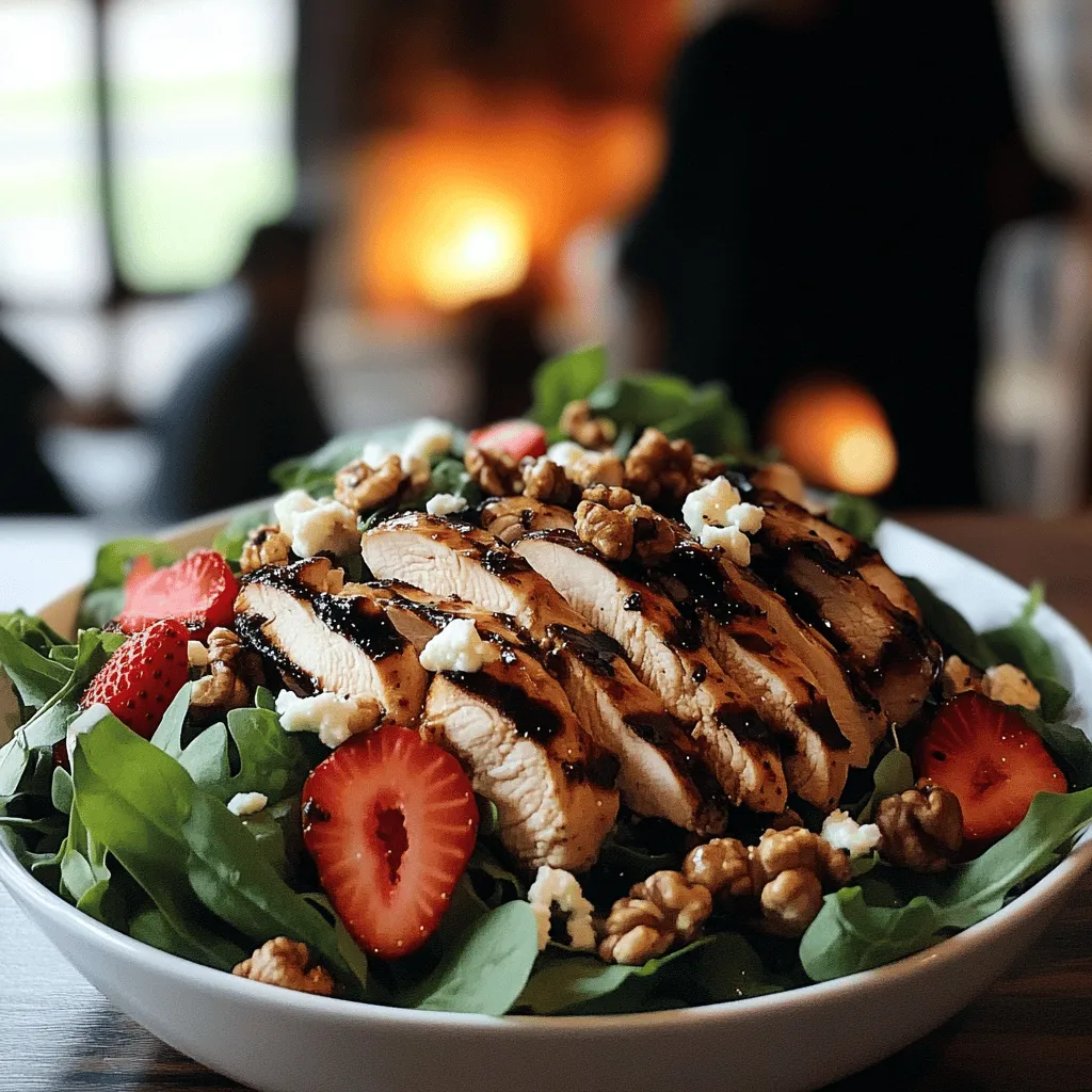 For a tasty balsamic grilled chicken salad, gather these key ingredients. You need two boneless, skinless chicken breasts. Fresh strawberries add sweetness and color. I recommend one cup of strawberries, hulled and sliced. Mixed greens like arugula, spinach, and romaine make a great base. Aim for five cups of mixed greens for a hearty salad.