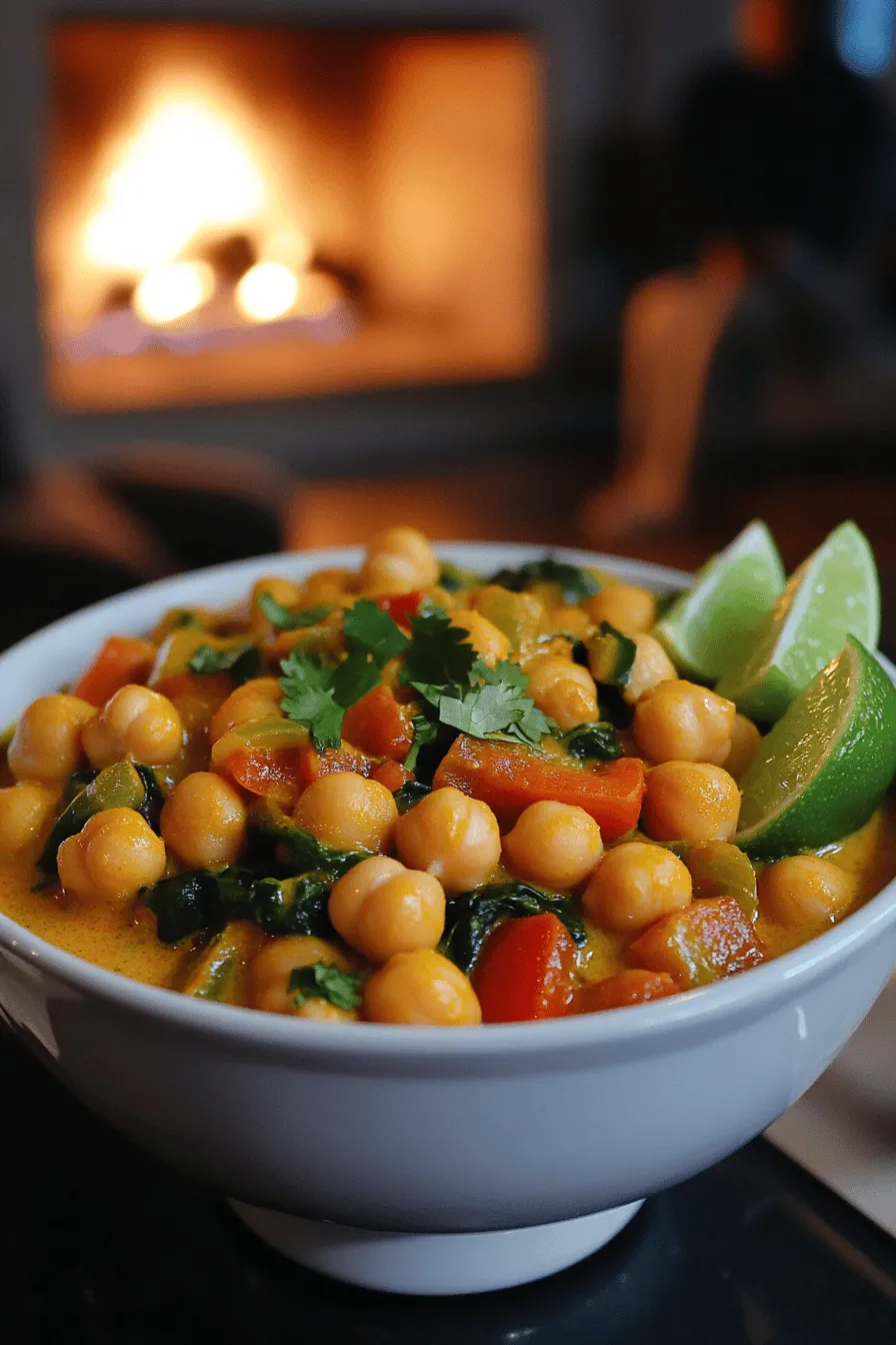 To make coconut curry chickpeas, you need a few key items. First, grab a can of chickpeas. You will also need coconut milk for creaminess. Use one tablespoon of coconut oil for cooking. A small onion, two cloves of garlic, and some fresh ginger add flavor. For spice, include red curry paste, turmeric, and cumin. You also want a bell pepper and some spinach. Finally, don't forget soy sauce and lime juice for a zesty kick.