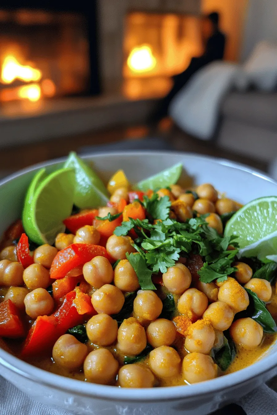 To make coconut curry chickpeas, you need a few key items. First, grab a can of chickpeas. You will also need coconut milk for creaminess. Use one tablespoon of coconut oil for cooking. A small onion, two cloves of garlic, and some fresh ginger add flavor. For spice, include red curry paste, turmeric, and cumin. You also want a bell pepper and some spinach. Finally, don't forget soy sauce and lime juice for a zesty kick.