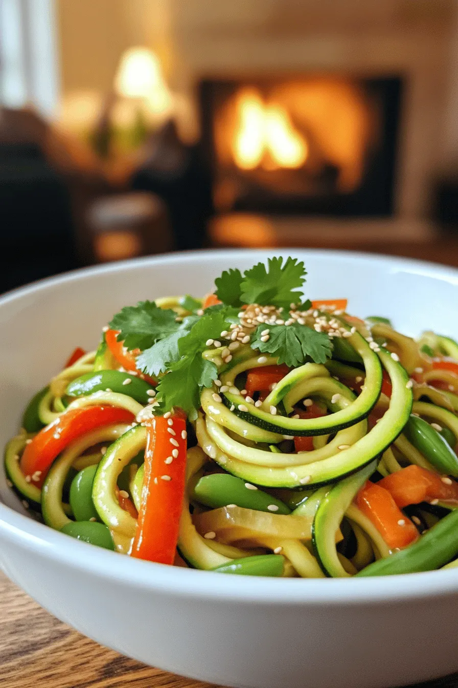 The key ingredients for a zucchini noodle stir fry are simple and fresh. You will need two medium zucchinis, spiralized into noodles. Zucchini noodles are light and soak up flavors well. Next, grab one bell pepper, sliced—any color works!