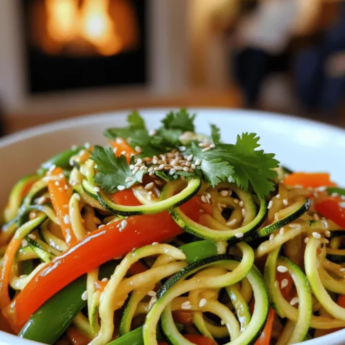 The key ingredients for a zucchini noodle stir fry are simple and fresh. You will need two medium zucchinis, spiralized into noodles. Zucchini noodles are light and soak up flavors well. Next, grab one bell pepper, sliced—any color works!