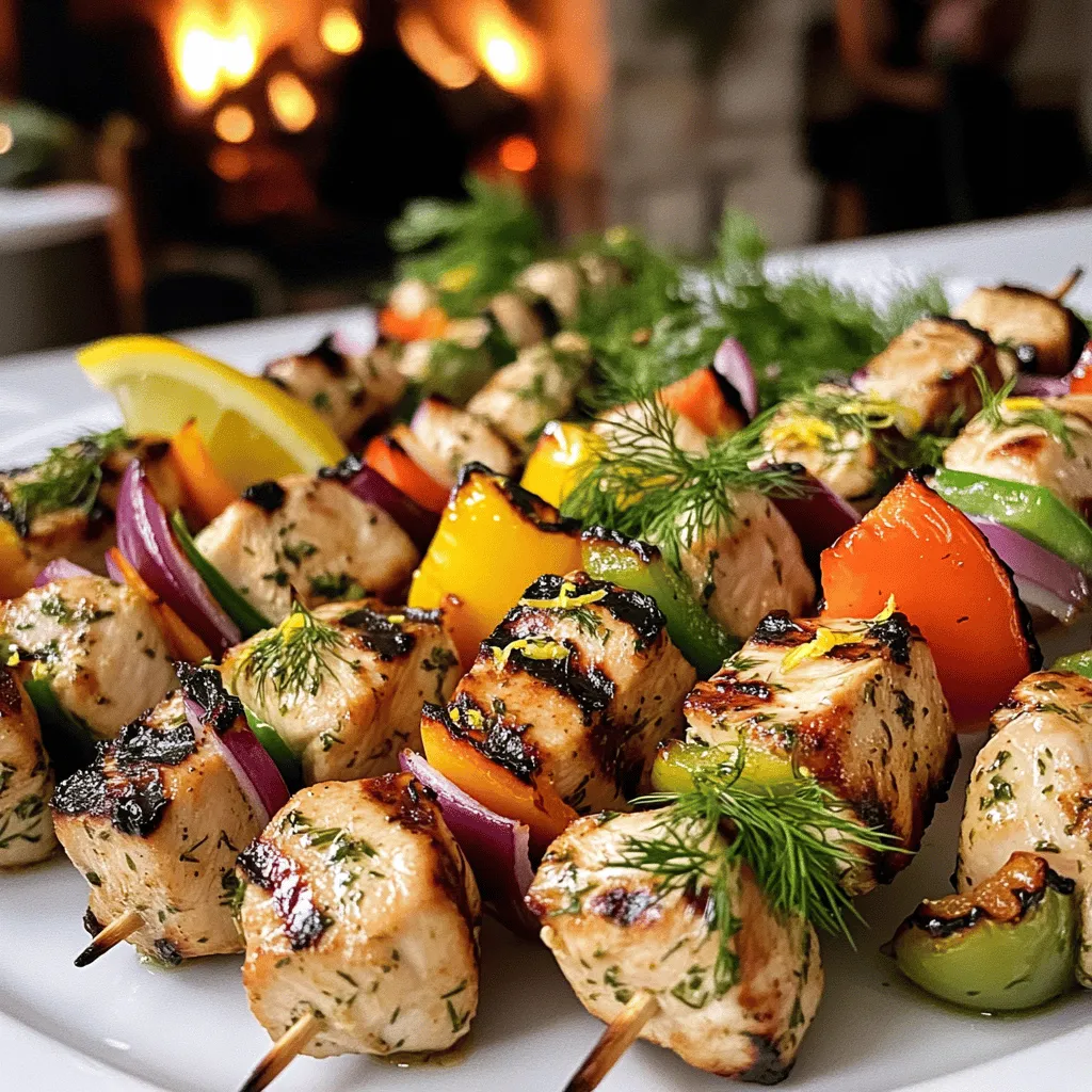 The key ingredients for skewered chicken with lemon dill vinaigrette are simple and fresh. You need boneless, skinless chicken breasts cut into 1-inch cubes. This cut cooks evenly and stays juicy. You’ll also want olive oil, fresh lemon juice, and lemon zest. These add brightness to the dish. Fresh dill gives a nice herbal note. Garlic adds depth.