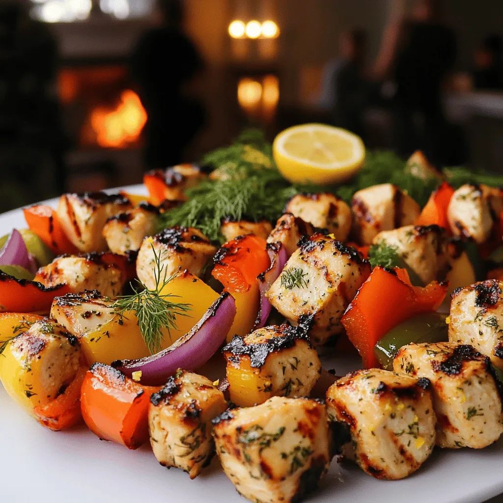 The key ingredients for skewered chicken with lemon dill vinaigrette are simple and fresh. You need boneless, skinless chicken breasts cut into 1-inch cubes. This cut cooks evenly and stays juicy. You’ll also want olive oil, fresh lemon juice, and lemon zest. These add brightness to the dish. Fresh dill gives a nice herbal note. Garlic adds depth.