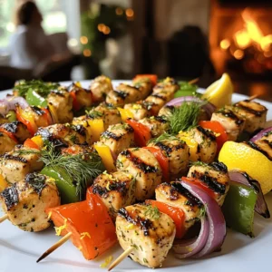 The key ingredients for skewered chicken with lemon dill vinaigrette are simple and fresh. You need boneless, skinless chicken breasts cut into 1-inch cubes. This cut cooks evenly and stays juicy. You’ll also want olive oil, fresh lemon juice, and lemon zest. These add brightness to the dish. Fresh dill gives a nice herbal note. Garlic adds depth.