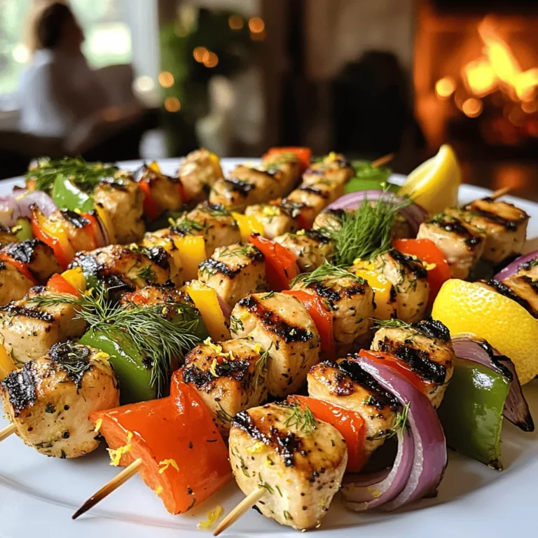 The key ingredients for skewered chicken with lemon dill vinaigrette are simple and fresh. You need boneless, skinless chicken breasts cut into 1-inch cubes. This cut cooks evenly and stays juicy. You’ll also want olive oil, fresh lemon juice, and lemon zest. These add brightness to the dish. Fresh dill gives a nice herbal note. Garlic adds depth.