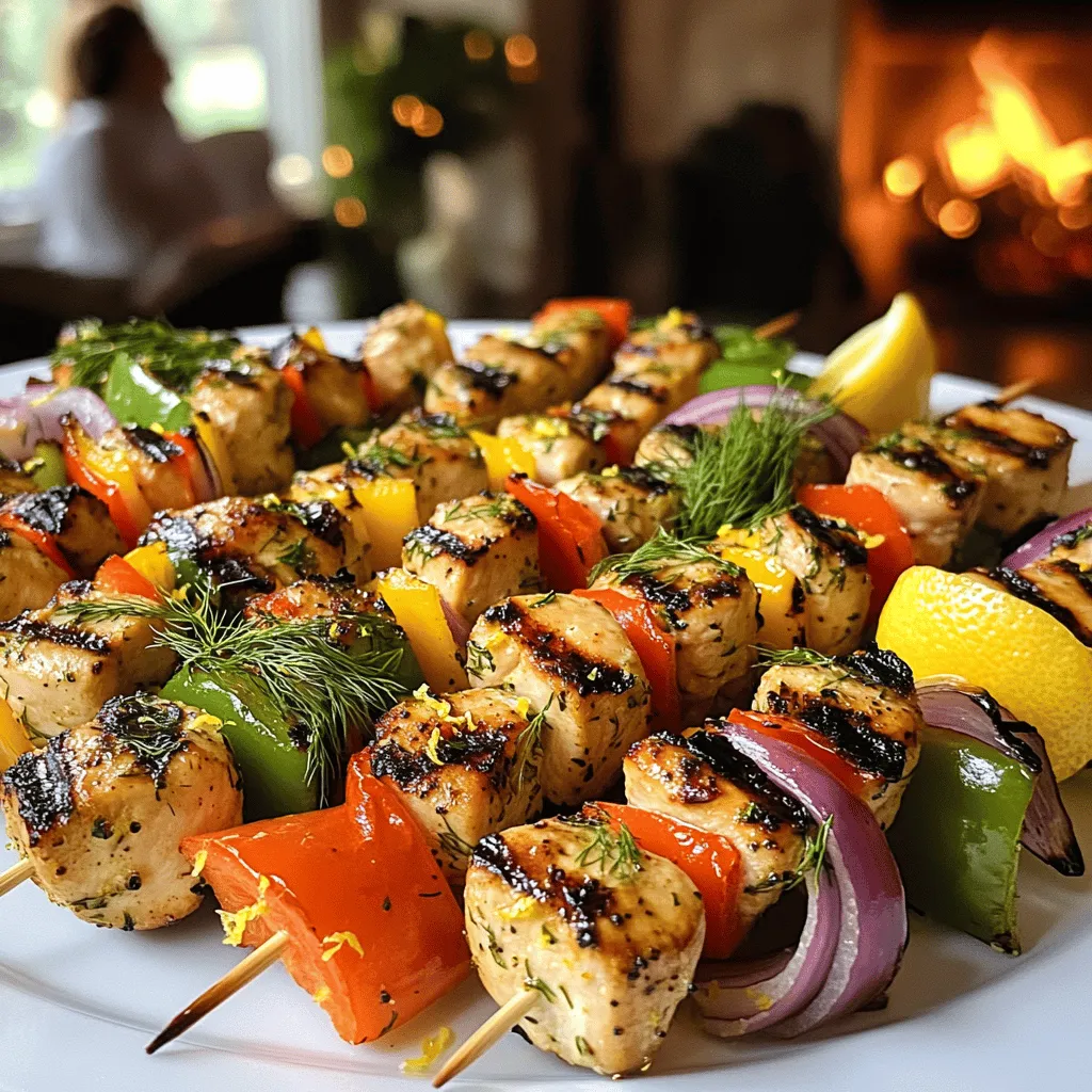 The key ingredients for skewered chicken with lemon dill vinaigrette are simple and fresh. You need boneless, skinless chicken breasts cut into 1-inch cubes. This cut cooks evenly and stays juicy. You’ll also want olive oil, fresh lemon juice, and lemon zest. These add brightness to the dish. Fresh dill gives a nice herbal note. Garlic adds depth.