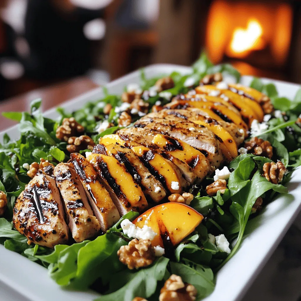 This salad shines with simple, fresh ingredients. You need grilled chicken, ripe peaches, and feta cheese. Each ingredient adds its own flavor and texture.