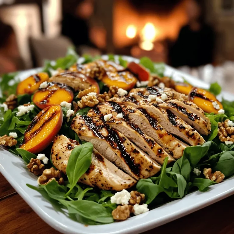 This salad shines with simple, fresh ingredients. You need grilled chicken, ripe peaches, and feta cheese. Each ingredient adds its own flavor and texture.