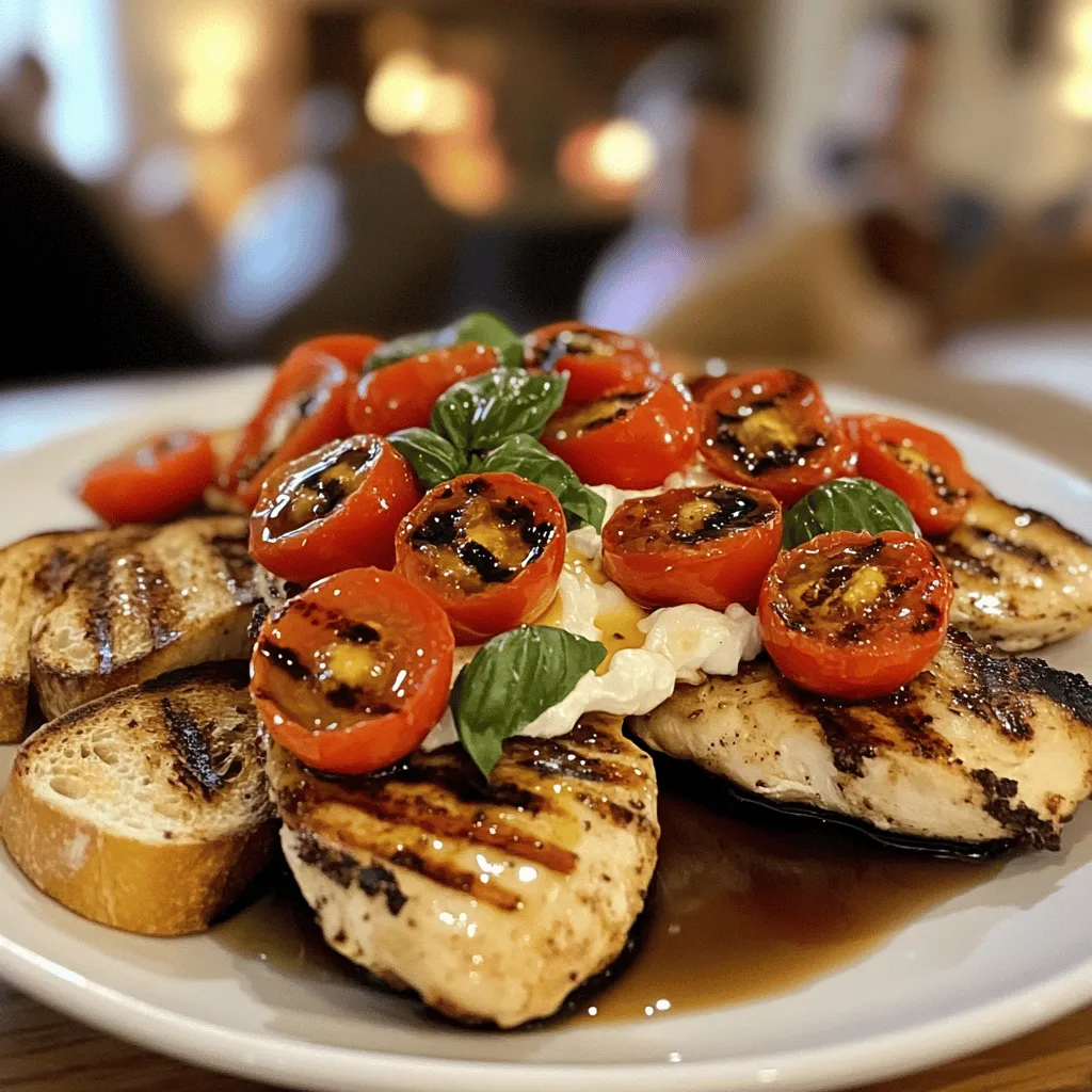 To make grilled bruschetta chicken with creamy burrata, you need fresh, vibrant ingredients. Key items include boneless, skinless chicken breasts, cherry tomatoes, fresh basil, garlic, balsamic vinegar, and olive oil. Each ingredient plays a role in creating layers of flavor.