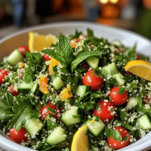 Quinoa tabbouleh is a fresh twist on the classic dish. Traditional tabbouleh uses bulgur wheat as its base. Quinoa replaces bulgur in this version. It is gluten-free and packed with protein. This makes quinoa tabbouleh a great choice for many diets.