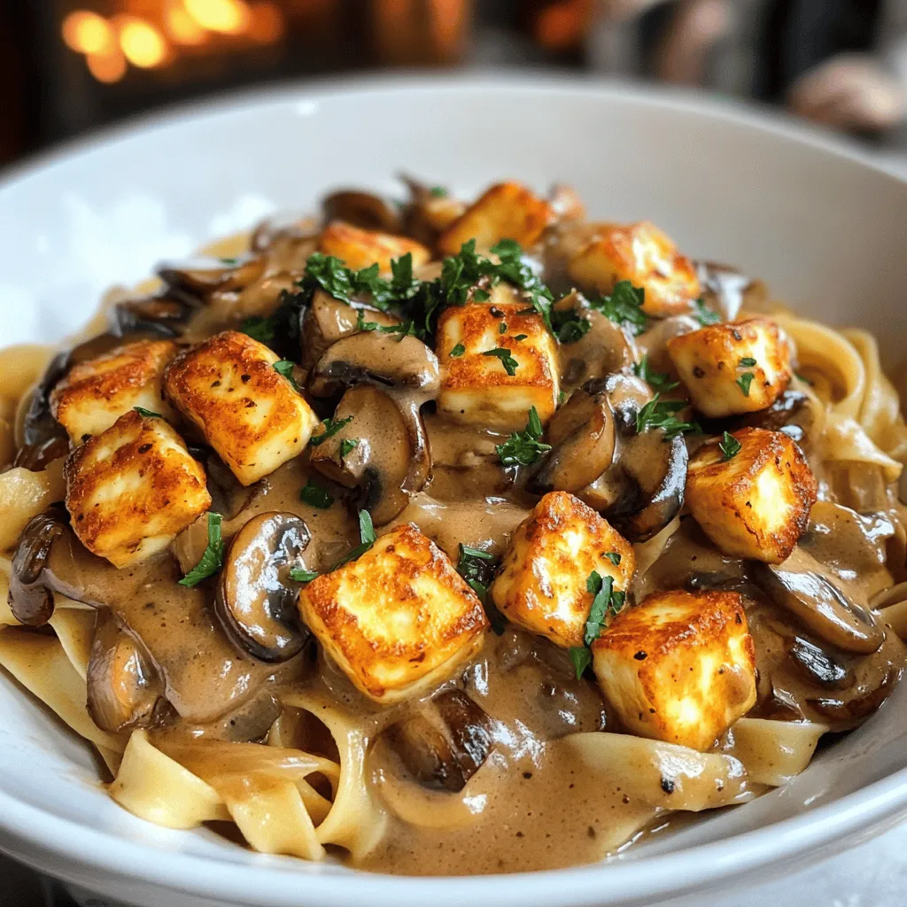 To make creamy halloumi stroganoff at home, you need a few key ingredients. First, gather 250g of halloumi cheese, diced into small pieces. You will also need 200g of sliced mushrooms, 1 large onion, and 2 cloves of garlic. Olive oil and butter will help with cooking. For flavor, you should have smoked paprika and dried thyme. Lastly, vegetable stock and heavy cream will make your dish creamy and rich.