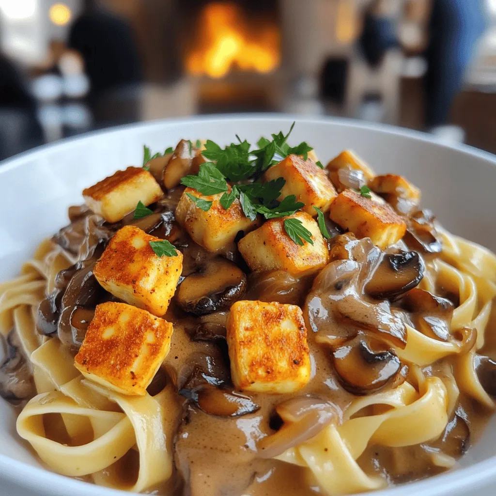To make creamy halloumi stroganoff at home, you need a few key ingredients. First, gather 250g of halloumi cheese, diced into small pieces. You will also need 200g of sliced mushrooms, 1 large onion, and 2 cloves of garlic. Olive oil and butter will help with cooking. For flavor, you should have smoked paprika and dried thyme. Lastly, vegetable stock and heavy cream will make your dish creamy and rich.