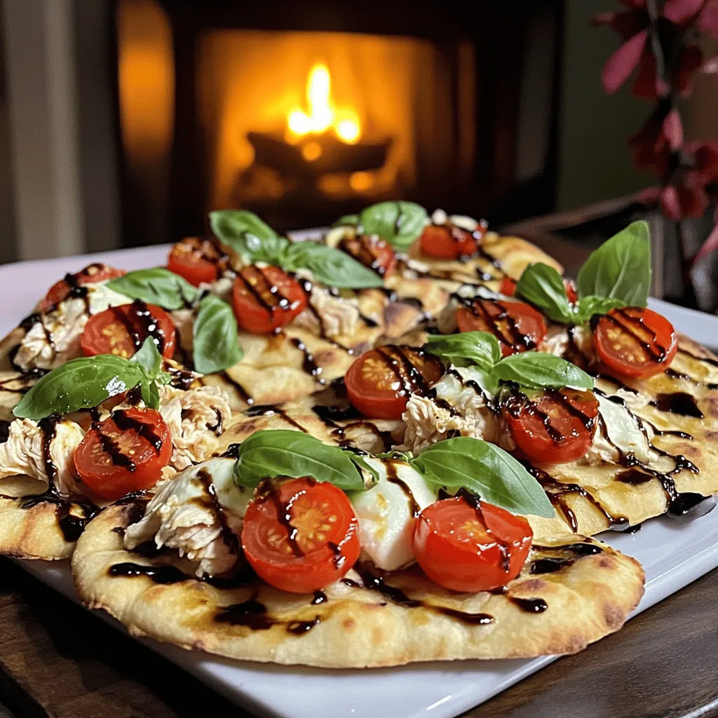 The main ingredients for summer tomato and chicken flatbreads are simple and fresh. You need four flatbreads, like pita or naan. You also need two cups of cooked chicken breast, shredded. For the toppings, grab two cups of halved cherry tomatoes and one cup of fresh mozzarella cheese, torn into small pieces. You will use a quarter cup of basil pesto and a quarter cup of balsamic glaze for extra flavor. Add half a teaspoon of garlic powder and some salt and pepper to taste. Fresh basil leaves work great for garnish, and don’t forget olive oil for brushing.