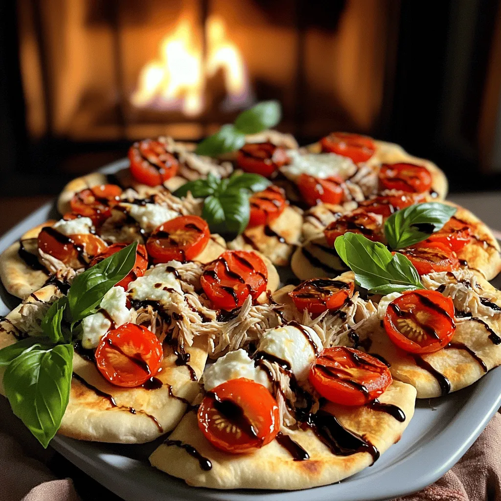 The main ingredients for summer tomato and chicken flatbreads are simple and fresh. You need four flatbreads, like pita or naan. You also need two cups of cooked chicken breast, shredded. For the toppings, grab two cups of halved cherry tomatoes and one cup of fresh mozzarella cheese, torn into small pieces. You will use a quarter cup of basil pesto and a quarter cup of balsamic glaze for extra flavor. Add half a teaspoon of garlic powder and some salt and pepper to taste. Fresh basil leaves work great for garnish, and don’t forget olive oil for brushing.