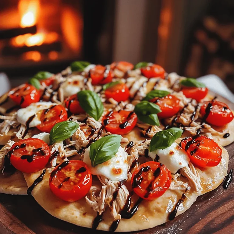 The main ingredients for summer tomato and chicken flatbreads are simple and fresh. You need four flatbreads, like pita or naan. You also need two cups of cooked chicken breast, shredded. For the toppings, grab two cups of halved cherry tomatoes and one cup of fresh mozzarella cheese, torn into small pieces. You will use a quarter cup of basil pesto and a quarter cup of balsamic glaze for extra flavor. Add half a teaspoon of garlic powder and some salt and pepper to taste. Fresh basil leaves work great for garnish, and don’t forget olive oil for brushing.