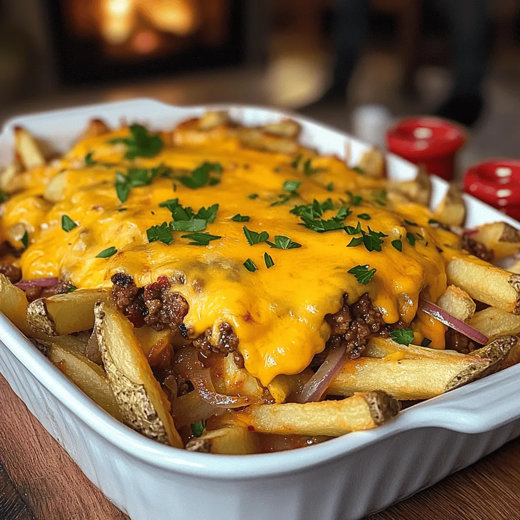 To make a cheeseburger french fry casserole, you need a few key items. First, you need 1 pound of ground beef. It is the star of the dish. Next, you will need a small onion, finely chopped, and 2 cloves of minced garlic. These add great flavor. You also need Worcestershire sauce, salt, and pepper to season the beef.