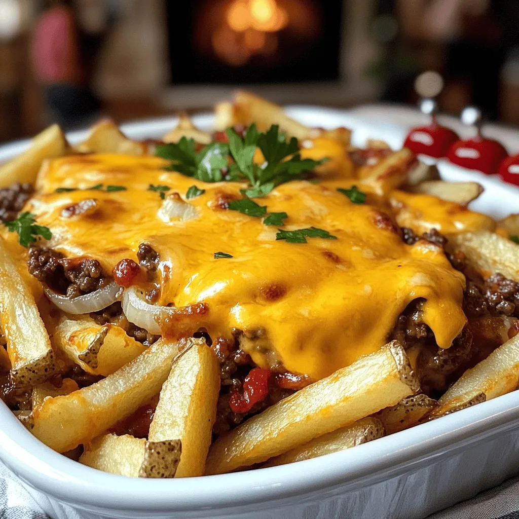 To make a cheeseburger french fry casserole, you need a few key items. First, you need 1 pound of ground beef. It is the star of the dish. Next, you will need a small onion, finely chopped, and 2 cloves of minced garlic. These add great flavor. You also need Worcestershire sauce, salt, and pepper to season the beef.