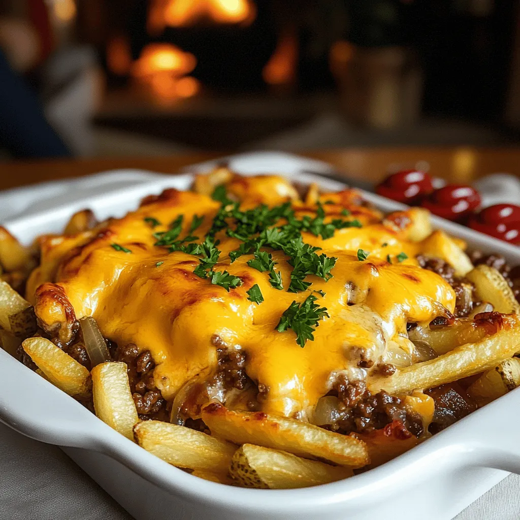 To make a cheeseburger french fry casserole, you need a few key items. First, you need 1 pound of ground beef. It is the star of the dish. Next, you will need a small onion, finely chopped, and 2 cloves of minced garlic. These add great flavor. You also need Worcestershire sauce, salt, and pepper to season the beef.