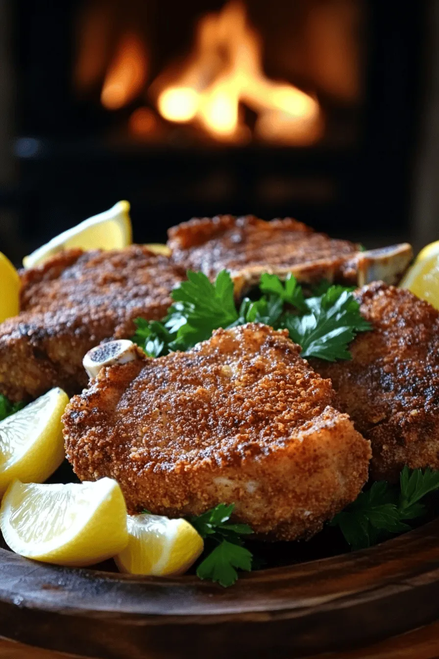 The right ingredients make a great country fried pork chops recipe. Start with <strong>bone-in pork chops</strong>, ideally one inch thick. Bone-in chops have more flavor and stay juicy. You will also need <strong>buttermilk</strong>. This adds moisture and helps tenderize the meat.” /></p>
</p>
<h2>What Are the Best Cooking Methods for Pork Chops?</h2>
</p>
<p>Frying pork chops gives them a crispy and tasty crust. To get the best flavor, I focus on a few key steps.</p>
</p>
<h3>Choosing the Right Oil for Frying</h3>
</p>
<p>Use vegetable oil for frying. It has a high smoke point, making it ideal for cooking. You can also use canola oil. Olive oil can burn quickly, so I do not recommend it for frying pork chops. Make sure you have enough oil in the pan, about half an inch deep. This helps the chops cook evenly and get that golden crust.</p>
</p>
<h3>How to Achieve Optimal Cooking Temperatures</h3>
</p>
<p>The right temperature is key. Heat the oil to about 350°F (175°C). I check the oil’s readiness by adding a pinch of flour. If it sizzles, it is hot enough. Fry the pork chops for about 5-7 minutes on each side. Use a meat thermometer to check that the internal temperature reaches 145°F (63°C) for safe eating.</p>
</p>
<h3>Avoiding Common Mistakes When Frying Pork Chops</h3>
</p>
<p>One common mistake is overcrowding the pan. If you add too many chops, they won’t fry well. Fry in batches if needed. Another mistake is not letting the chops rest after cooking. This keeps them juicy. Place them on paper towels to drain excess oil. Follow these tips for perfect country fried pork chops every time. For a full recipe, check out the Country Fried Pork Chops recipe.</p>
</p>
<h2>What Are Some Popular Serving Suggestions for Fried Pork Chops?</h2>
</p>
<p>Fried pork chops are a real treat. They pair well with many sides. The best side dishes for pork chops make each meal special.</p>
</p>
<h3>Traditional Southern Side Dishes to Pair</h3>
</p>
<p>When I think of fried pork chops, I think of classic Southern sides. Mashed potatoes are a great choice. Creamy potatoes with gravy bring comfort to every bite. Coleslaw adds a crunchy texture and a fresh taste. The coolness of coleslaw balances the hot, crispy pork. You can also serve cornbread. Its sweet flavor pairs nicely with the savory chops.</p>
</p>
<h3>Creative Serving Ideas and Combinations</h3>
</p>
<p>Feeling adventurous? Try something new! A fresh apple or peach chutney adds sweetness and tang. You can also serve the pork chops with roasted veggies. Roasted carrots and Brussels sprouts bring color and flavor. For a unique twist, top the chops with a spicy salsa. This gives a fun and lively taste. Don’t forget about rice. A flavorful rice pilaf can soak up the juices from the meat.</p>
</p>
<h3>How to Garnish Your Fried Pork Chops</h3>
</p>
<p>Garnishing can make your dish look stunning. Fresh herbs enhance the dish’s flavor and appearance. Try parsley or thyme sprinkled on top. A few lemon wedges add a pop of color and a touch of brightness. They also give a fresh burst when squeezed over the pork. For a dash of heat, a sprinkle of red pepper flakes can add excitement.</p>
</p>
<p>For the full recipe, check the Country Fried Pork Chops section. Enjoy making your meal a feast!</p>
</p>
<p><img decoding=