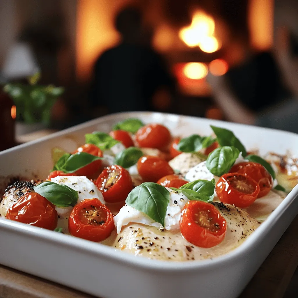 The key ingredients in a Healthy Burrata and Tomato Chicken Bake are simple yet powerful. You need four chicken breast fillets, two cups of cherry tomatoes, and one cup of fresh basil leaves. Each item brings its own magic to the dish.