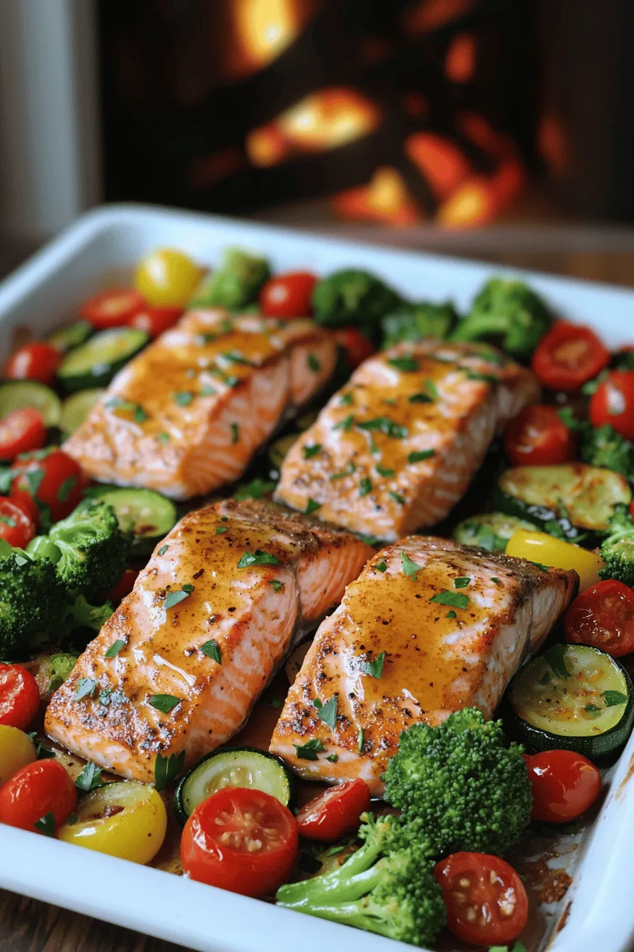 Choosing the right ingredients makes your sheet pan salmon recipe shine. Start with <strong>fresh salmon fillets</strong>. Look for bright color and firm texture. Fresh fish creates the best flavor and nutrition.” /></p>
</p>
<h2>What variations can I make on the basic Sheet Pan Salmon recipe?</h2>
</p>
<p>You can spice up your salmon easily. Start by adding different herbs and spices. Dill and thyme work well. They give a fresh taste. You can also try paprika for a smoky kick. For a zesty twist, add lemon zest to your mix. This brightens the dish and pairs well with the fish.</p>
</p>
<p>To create more flavor, think about your veggies. Add asparagus or green beans for crunch. You can even mix in sweet potatoes for a hearty bite. Try adding olives for a briny taste. This makes the dish unique and fun.</p>
</p>
<p>If you want to switch up the fish, that’s easy too! You can use trout or cod. Both fish have a mild flavor. They cook well in the same way as salmon. Just keep an eye on cooking times. They may cook faster, so check for doneness often.</p>
</p>
<p>For a complete guide, look at the Full Recipe. You’ll find a tasty way to make this dish. Making variations keeps dinner exciting and new!</p>
</p>
<h2>What are the health benefits of including salmon in my diet?</h2>
</p>
<p>Salmon offers many health benefits. First, it is rich in protein. Protein helps build and repair tissues. Each serving of salmon has about 22 grams of protein. This makes it a great choice for meals.</p>
</p>
<p>Salmon is also full of healthy fats. These fats are called omega-3 fatty acids. Omega-3s support heart health and brain function. They can lower bad cholesterol levels too. Eating salmon often can help reduce the risk of heart disease.</p>
</p>
<p>The vitamin content in salmon is impressive. Salmon is high in B vitamins. These vitamins help with energy and brain health. In addition, salmon has vitamin D. This vitamin is vital for bone health and immune function.</p>
</p>
<p>Salmon is a fantastic option for meal prepping. You can cook it quickly and store it well. It tastes great cold or reheated. This makes it easy to enjoy healthy meals all week. You can pair it with different veggies for variety.</p>
</p>
<p>The healthy fats in salmon make it an important part of a balanced diet. These fats help your body absorb vitamins and support hormone production. Including salmon in your meals can make healthy eating easier and more enjoyable.</p>
</p>
<p><img decoding=