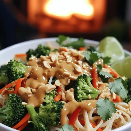 Thai peanut noodles are a delightful dish enjoyed by many. They feature rice noodles coated in a creamy, nutty peanut sauce. This dish often includes fresh veggies like broccoli, bell peppers, and carrots. The sauce blends peanut butter, soy sauce, and lime juice, creating a taste that is both savory and slightly sweet.