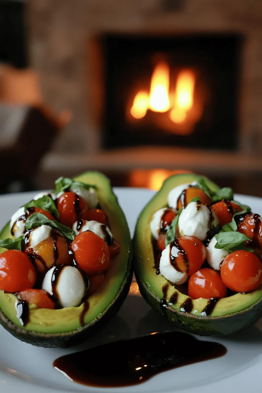 Caprese stuffed avocados are a fun twist on a classic dish. They blend creamy avocado with fresh tomatoes, mozzarella, and basil. This dish is vibrant and colorful, making it a feast for your eyes and your taste buds.