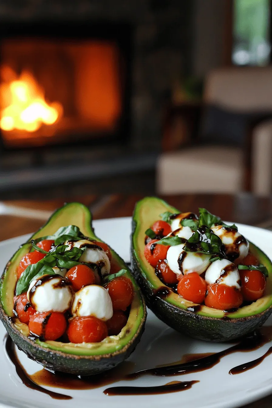 Caprese stuffed avocados are a fun twist on a classic dish. They blend creamy avocado with fresh tomatoes, mozzarella, and basil. This dish is vibrant and colorful, making it a feast for your eyes and your taste buds.