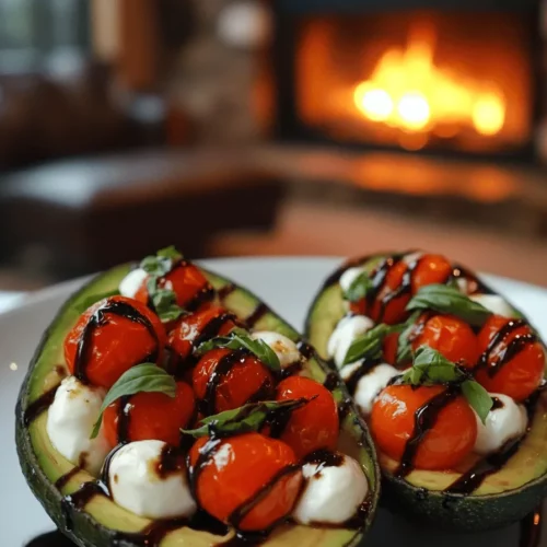 Caprese stuffed avocados are a fun twist on a classic dish. They blend creamy avocado with fresh tomatoes, mozzarella, and basil. This dish is vibrant and colorful, making it a feast for your eyes and your taste buds.