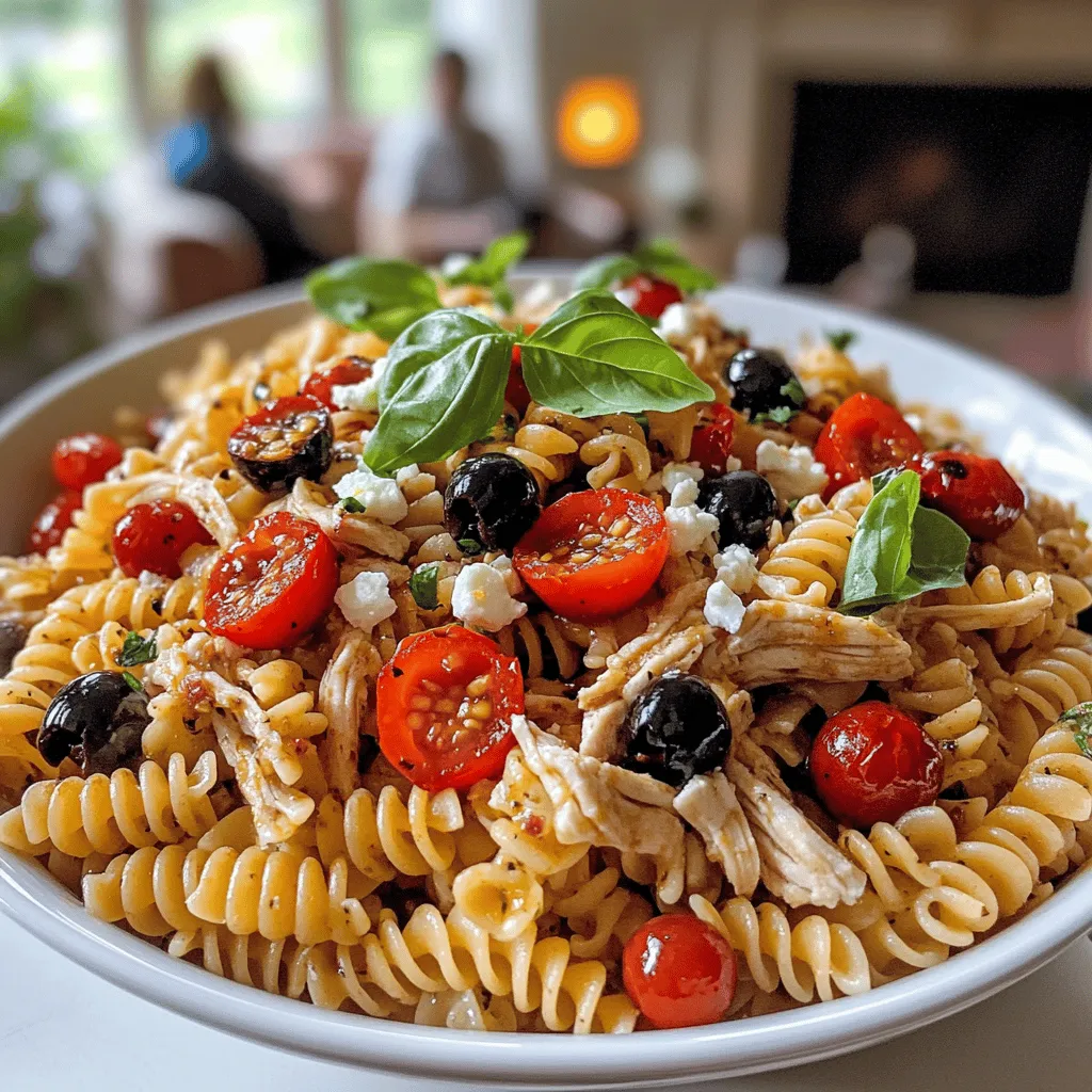 The roasted red pepper chicken pasta salad comes together with simple yet vibrant ingredients. You will need 2 cups of rotini pasta. This shape holds the dressing well. Next, use 2 cups of cooked chicken breast, shredded. It adds protein and heartiness.