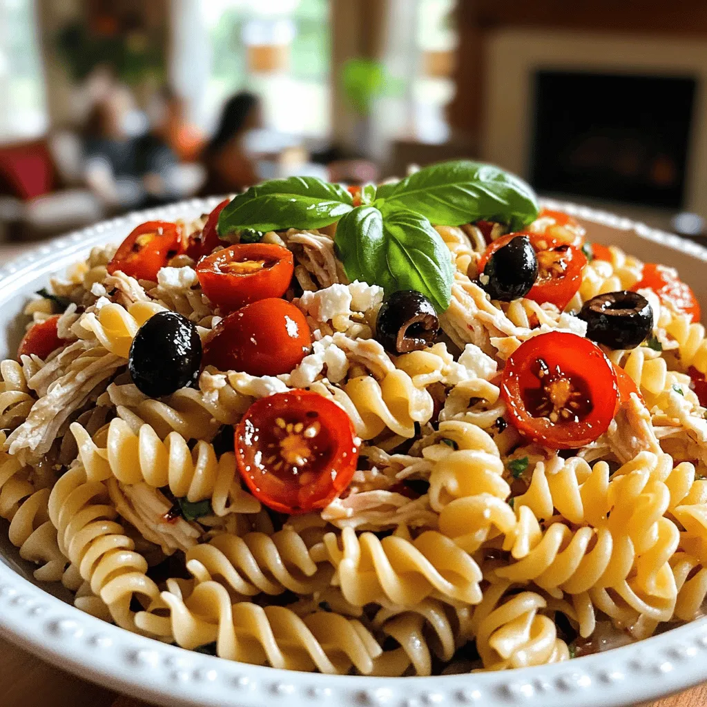 The roasted red pepper chicken pasta salad comes together with simple yet vibrant ingredients. You will need 2 cups of rotini pasta. This shape holds the dressing well. Next, use 2 cups of cooked chicken breast, shredded. It adds protein and heartiness.